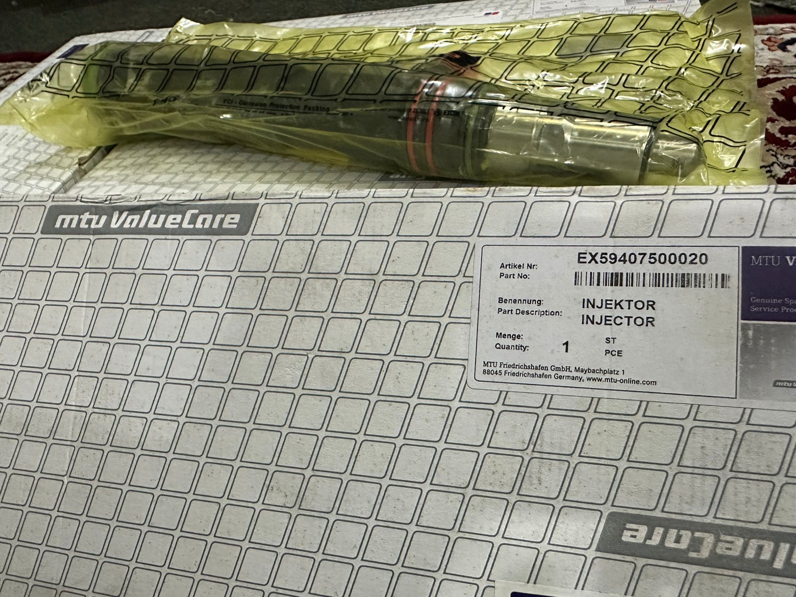 MTU 4000 Fuel Injector | P/N EX59407500020 — label view