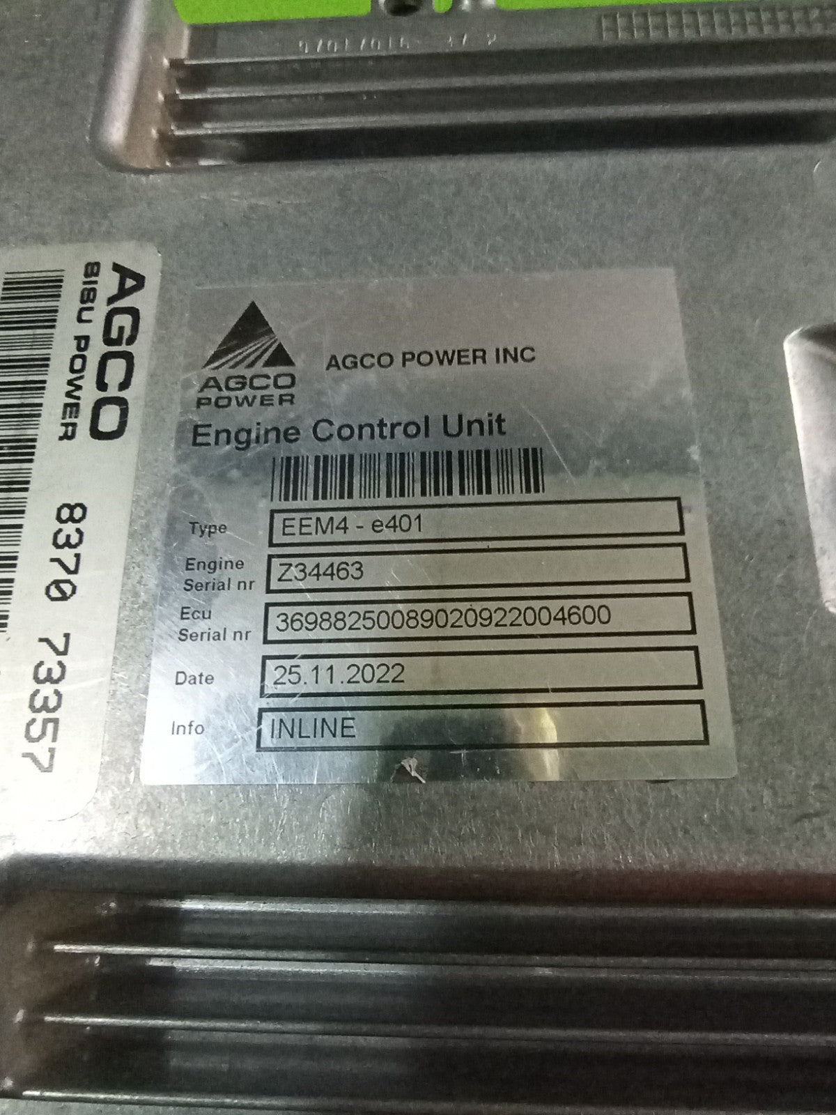 AGCO Sisu Power Engine ECU 837073357 / Bosch 0281020170 - part number label